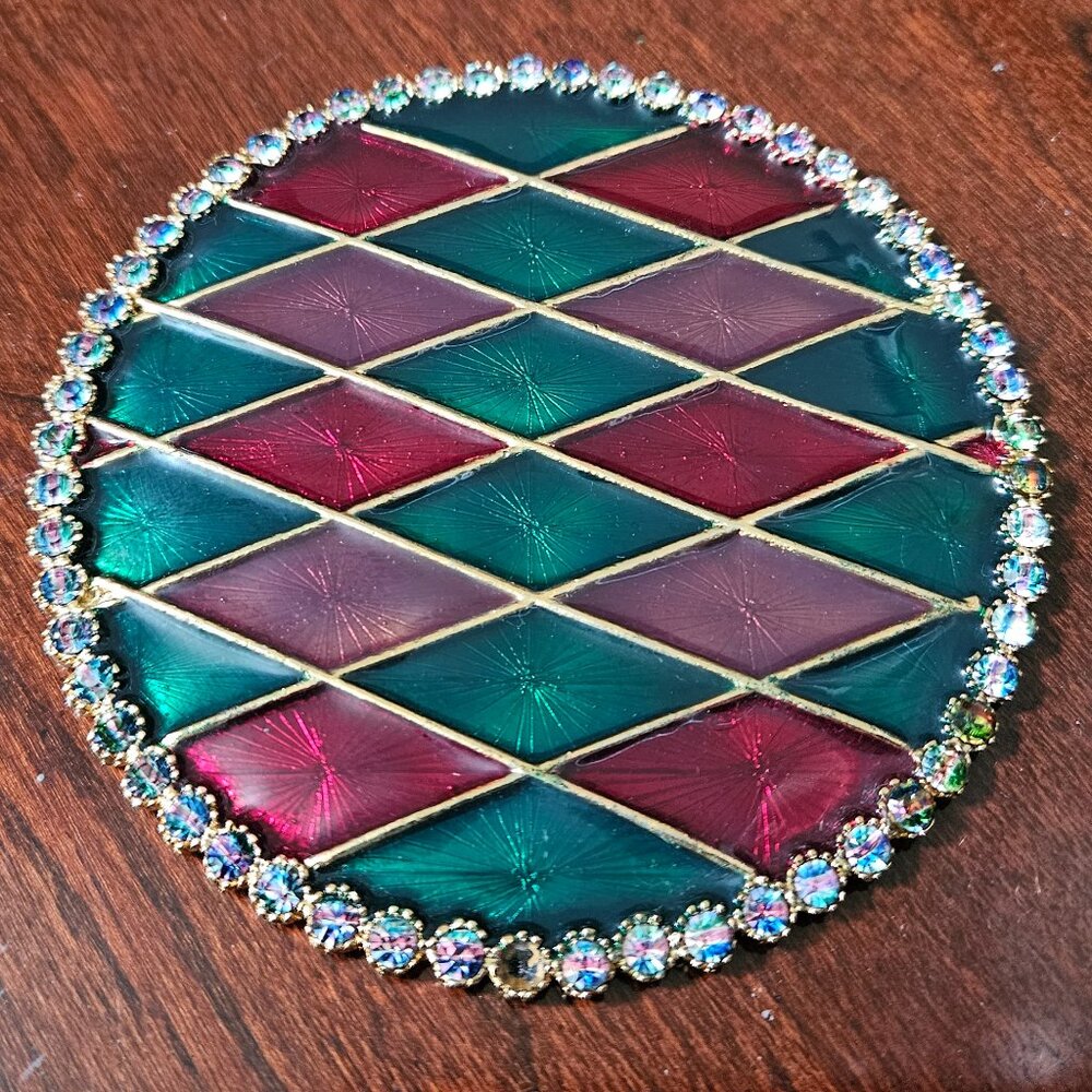 RARE JAY STRONGWATER PLAID ARGYLE HARLEQUIN CRYSTAL ENAMEL BAR DRINK COASTER